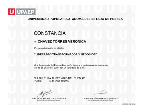 Constancia por participación en el curso/taller sobre: Liderazgo transformador y negocios